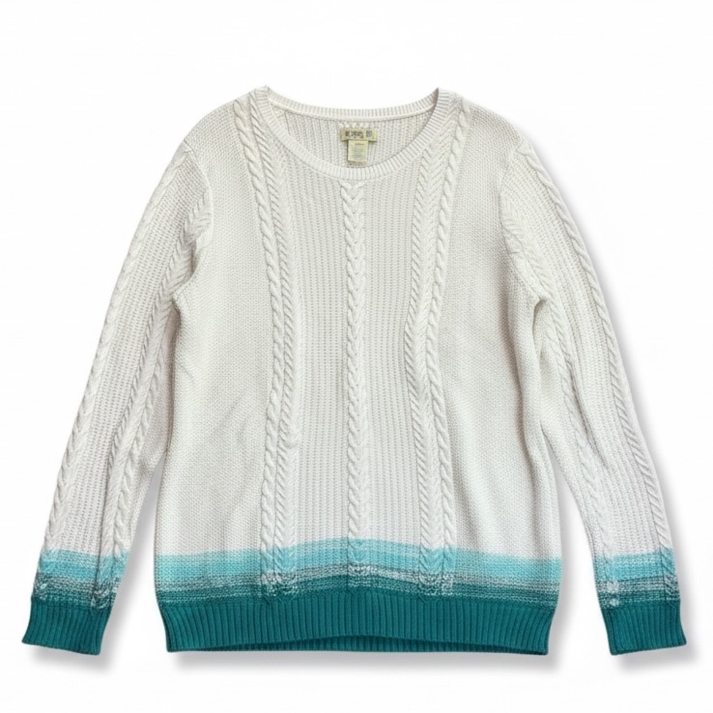 Caribbean Joe 2X Cable Knit Sweater Cream Teal Cotton